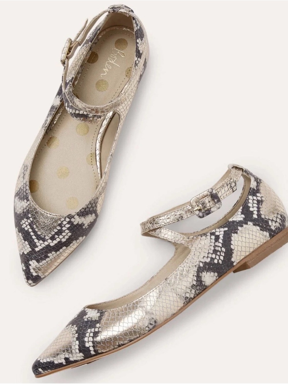 Boden Flora Metallic Snakeskin Pointed Toe Ankle Strap Flats - Size 6 / 37